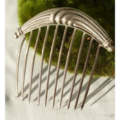 Hair Comb In Sterling Silver, Feather Decor Restoration Style France Jewelry Tiare XIXe