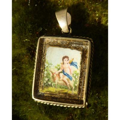 Medallion / Pendant Miniature Painting On Ivory, Cherub & Sheep Jewel Style Eighteenth Nineteenth