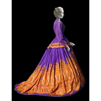 Napoleon III Crinoline Dress, Cashmere Shawl With Purple Background, Nineteenth Costume