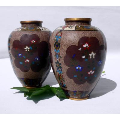 Paire De Vases Japonais Bronze Cloisonné Epoque 1900 , Decor Art Nouveau Asie XIXe Vase Japon