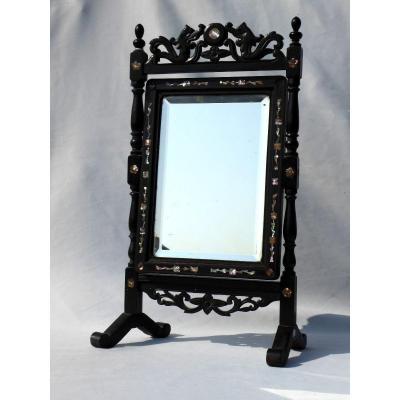 19th Asia Travel Mirror, Napoleon III Period Psyche, Vietnam / China Mother Of Pearl And Blackened Wood