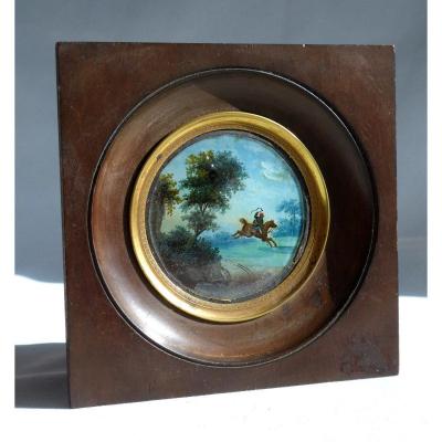 Miniature Peinte En Fixe Sous Verre , Cavalier Et Paysage XIXe , Cheval Napoléon iii