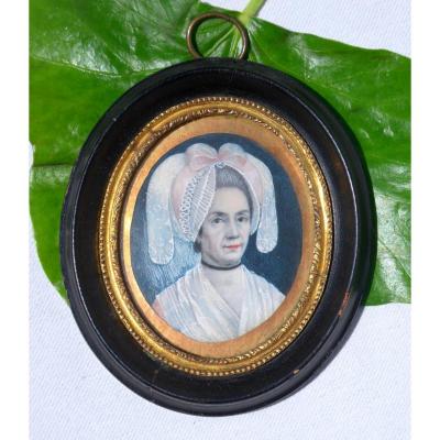 Miniature Painted Eighteenth Century Headdress Regionale Normandy, Portrait Of Woman