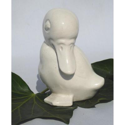 Duckling In White Cracked Faience From Saint Clement Luneville Epoque 1930 Art Deco Duck