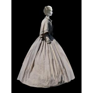 Robe à Crinoline De Voyage Ou Bord De Mer Lin époque Napoléon III Costume , Visite Manteau XIXe