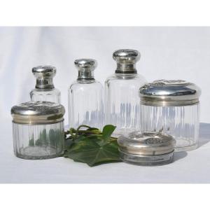 Garniture De Toilette En Argent Massif & Cristal , Flacons à Parfum XIX Style Empire Couronne 