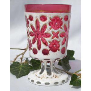 Barfatan Overlay Glass Violets Vase, Nineteenth, Bohemian, Gothic Pink Napoleon III Glass