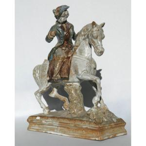 Sculpture Equestre En Grés Flammé , Jeune Marquis Sur Cheval Frederich II De Prusse XIXe 