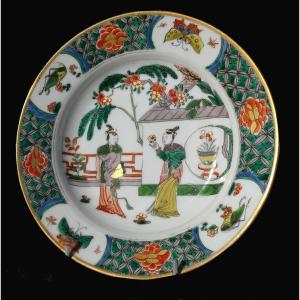 Assiette En Porcelaine Style Famille Verte , Chine Style Kangxi , Samson Paris Papillon 