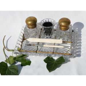 Double Baccarat Crystal Inkwell, Nineteenth Tors Bamboo, Feather Wiper Office Writing Object