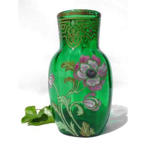 Basque Vase In Emaille Glass Theodore Legras Art Nouveau Decor Green Peony Vase Nineteenth