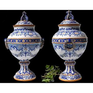 Pair Of Covered Vases Rouen Style Pharmacy Pot, Signed Au Vase Etrusque Paris Potiche