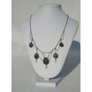 Collier Epoque Napoleon III , Draperie En Argent Massif , Turquoise Et Perles , Bijou XIXe