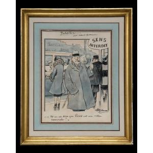 Drawing, Gouache And Watercolor Signed By Albert Guillaume; Cartoon 1900, Belle Epoque Paris