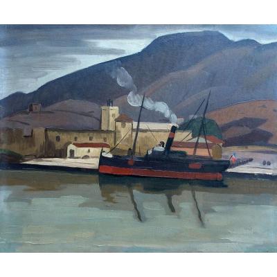 The Boat In Harbour- Gaston Ventrillon Le Jeune (1897-1982)