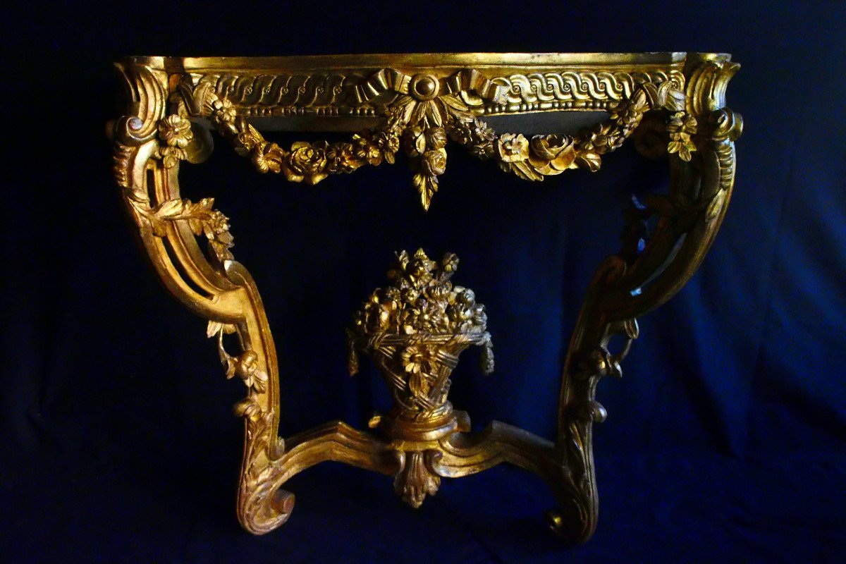 Console Parisienne en bois sculpt&eacute; et dor&eacute; d&rsquo;&eacute;poque XVIIIe-photo-2