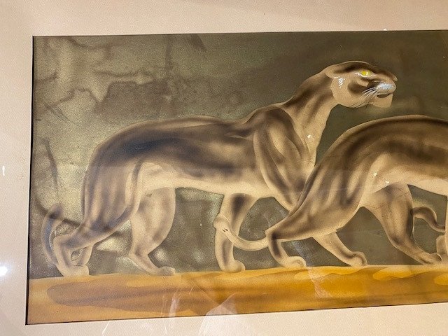 Three Panthers - C.cassalle - Véra 1950. Enhanced Lithograph Signed C.cassalle-photo-3