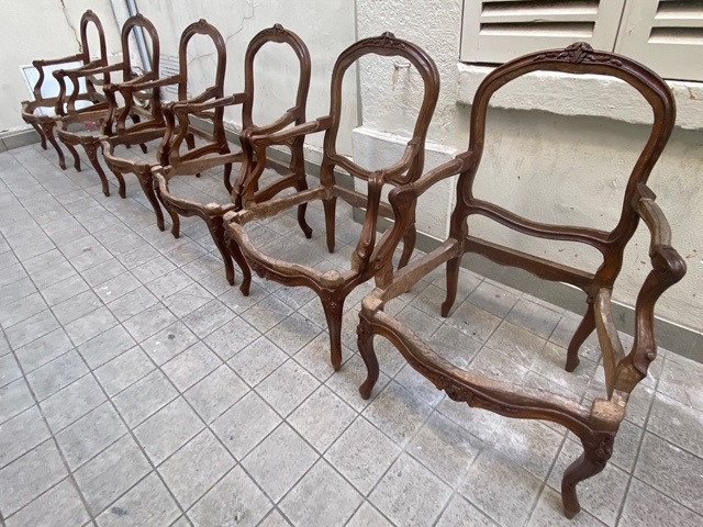 Lovely Suite Of Six Louis XV Period Flat-backed Armchairs In Natural Wood-photo-2