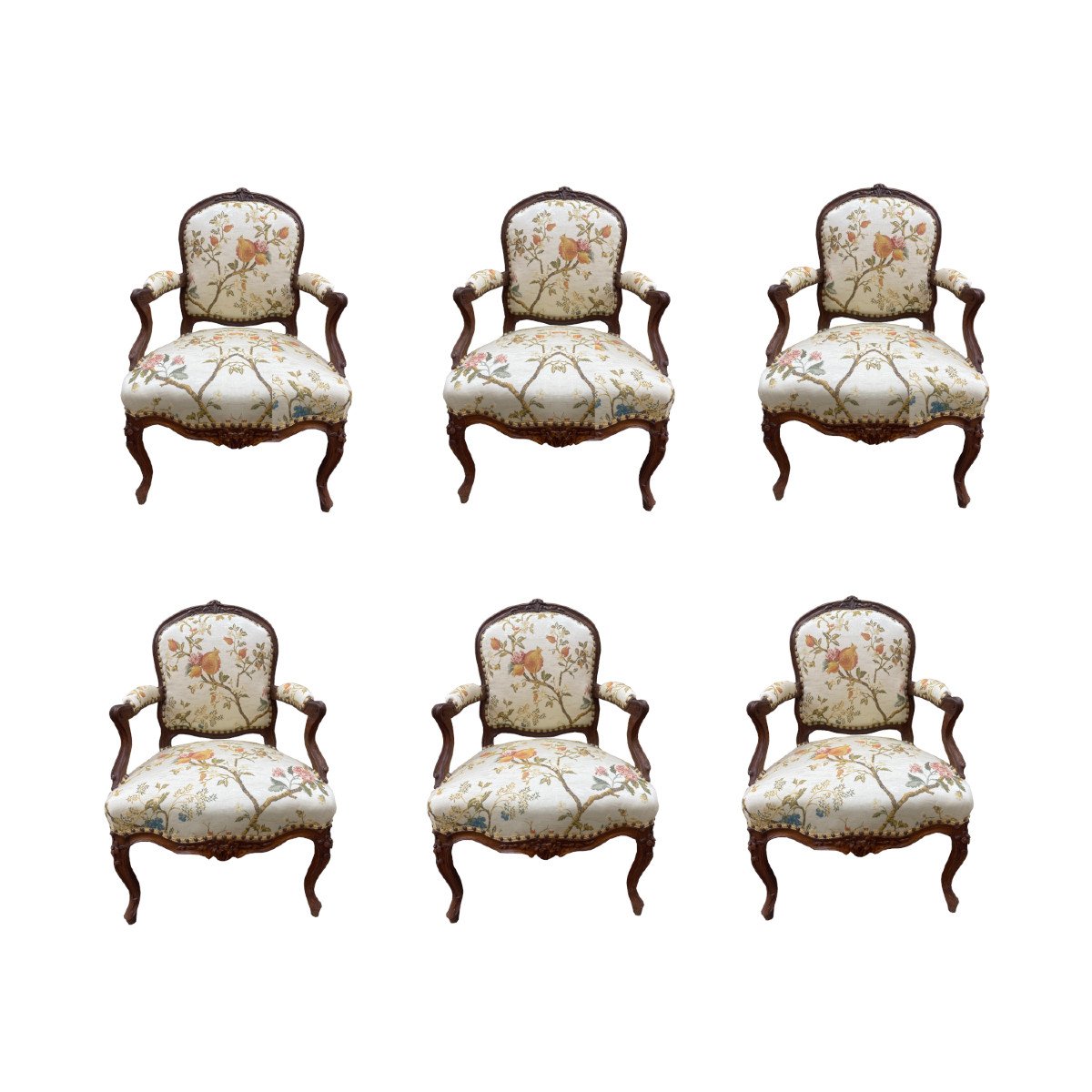 Lovely Suite Of Six Louis XV Period Flat-backed Armchairs In Natural Wood