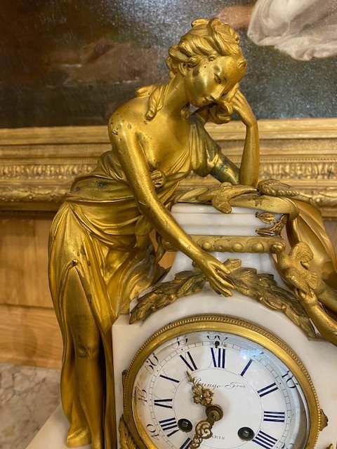 Louis XVI Clock In Carrara Marble And Gilded Bronze-photo-2