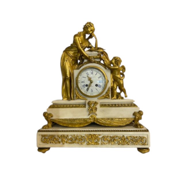 Louis XVI Clock In Carrara Marble And Gilded Bronze