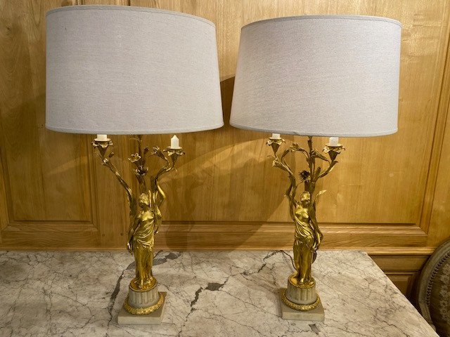 Pair Of Louis XVI Candelabra, In Gilded Bronze And Carrara Marble-photo-3