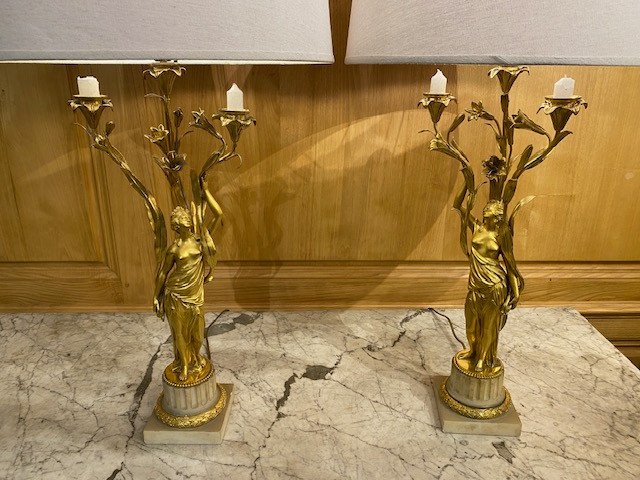 Pair Of Louis XVI Candelabra, In Gilded Bronze And Carrara Marble-photo-4