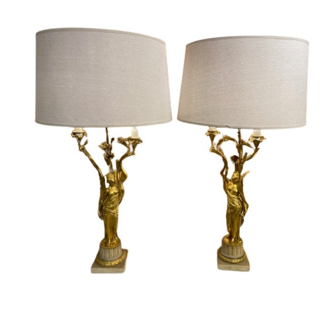 Pair Of Louis XVI Candelabra, In Gilded Bronze And Carrara Marble