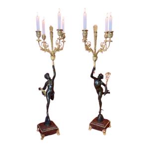 Paire de candélabres en bronze ciselé et doré représentant Flore et Mercure