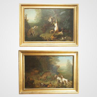 Paire de tableaux de chasse d’époque XVIII ème