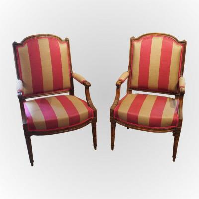 Pair Of Louis XVI Period Armchairs With Flat Back