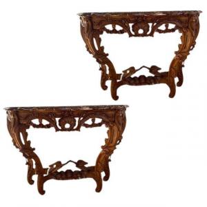 Pair Of Louis XV Consoles In Natural Wood Resting On Four Feet