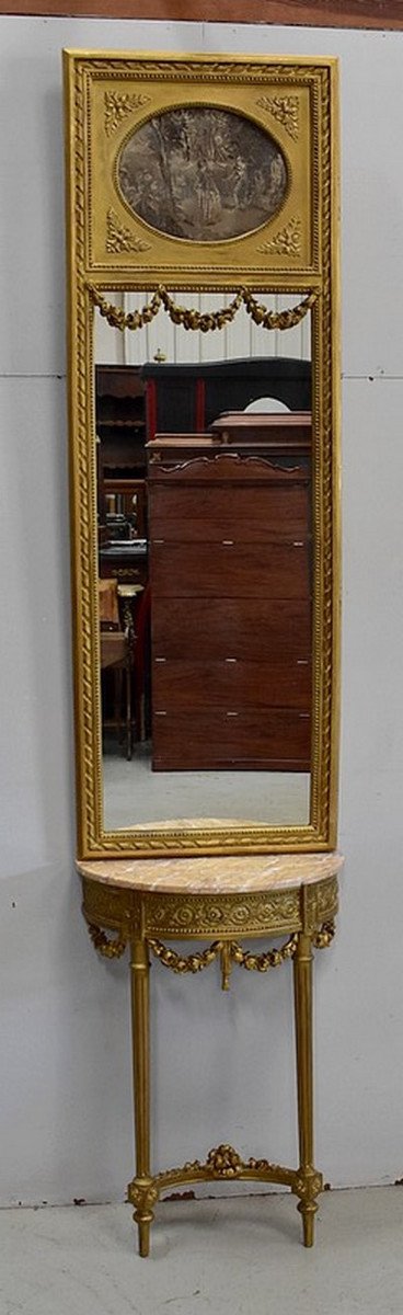 Trumeau Mirror And Half-moon Console Set, In Golden Wood - Late Nineteenth