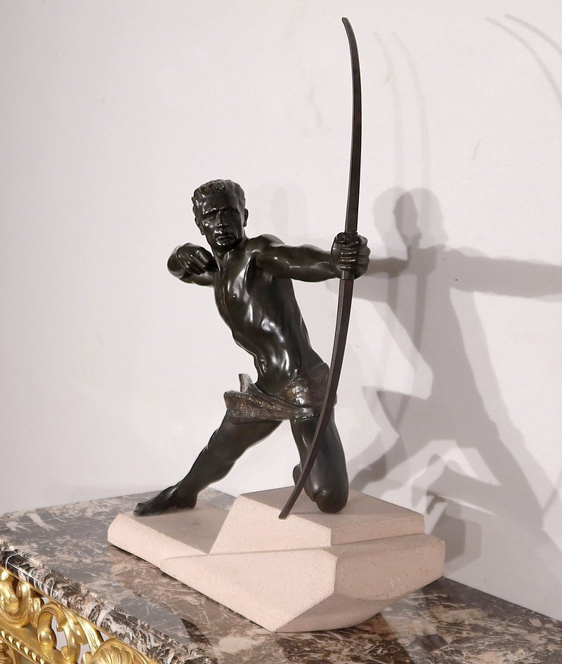 Importante Sculpture En Régule « l’archer », De M. Le Verrier, Art Déco – 1930-photo-3