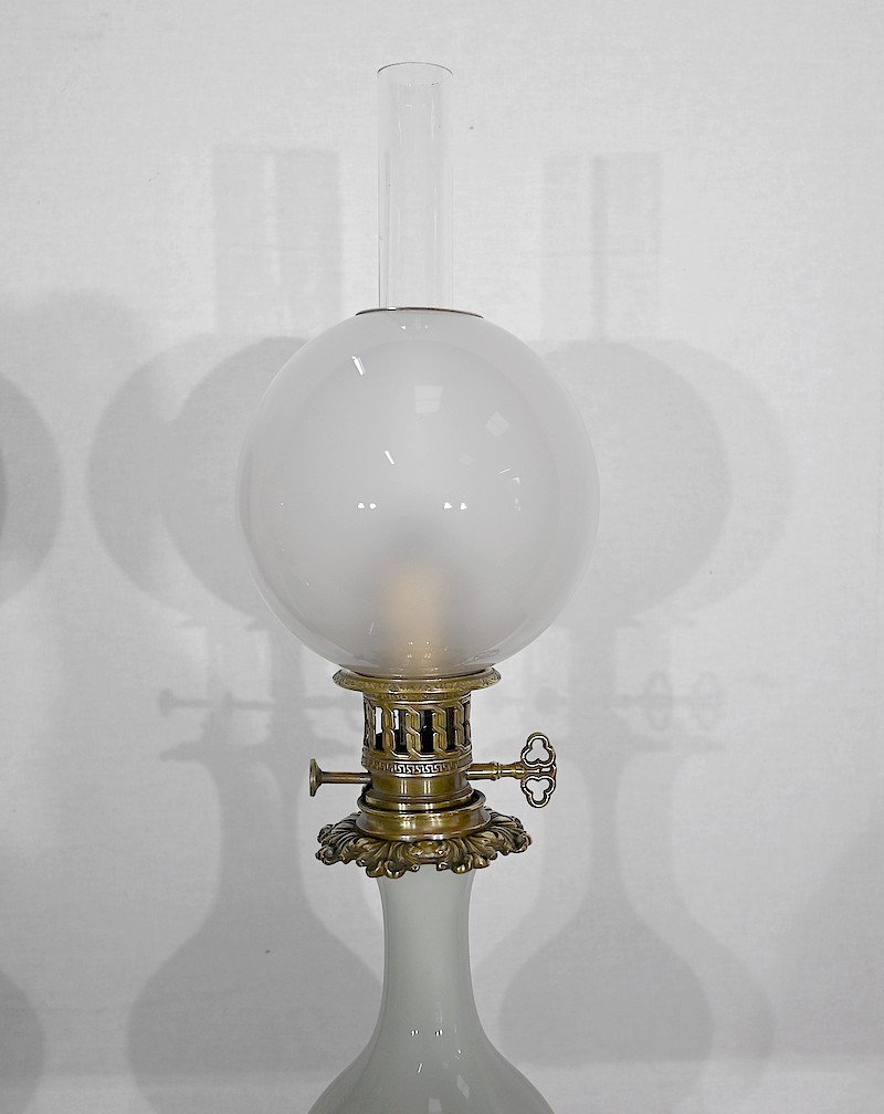 Paire De Lampes à Pétrole En Céladon Et Bronze, époque Napoléon III – Milieu XIXe-photo-4