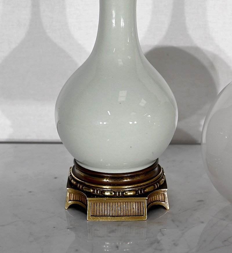 Paire De Lampes à Pétrole En Céladon Et Bronze, époque Napoléon III – Milieu XIXe-photo-5