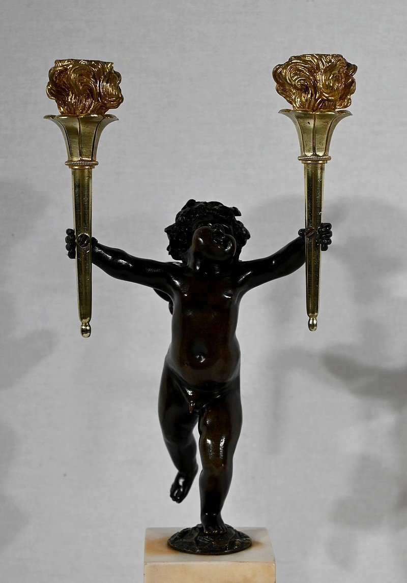Pair Of Candlesticks In Bronze And Marble - 1st Part Of The Nineteenth-photo-2