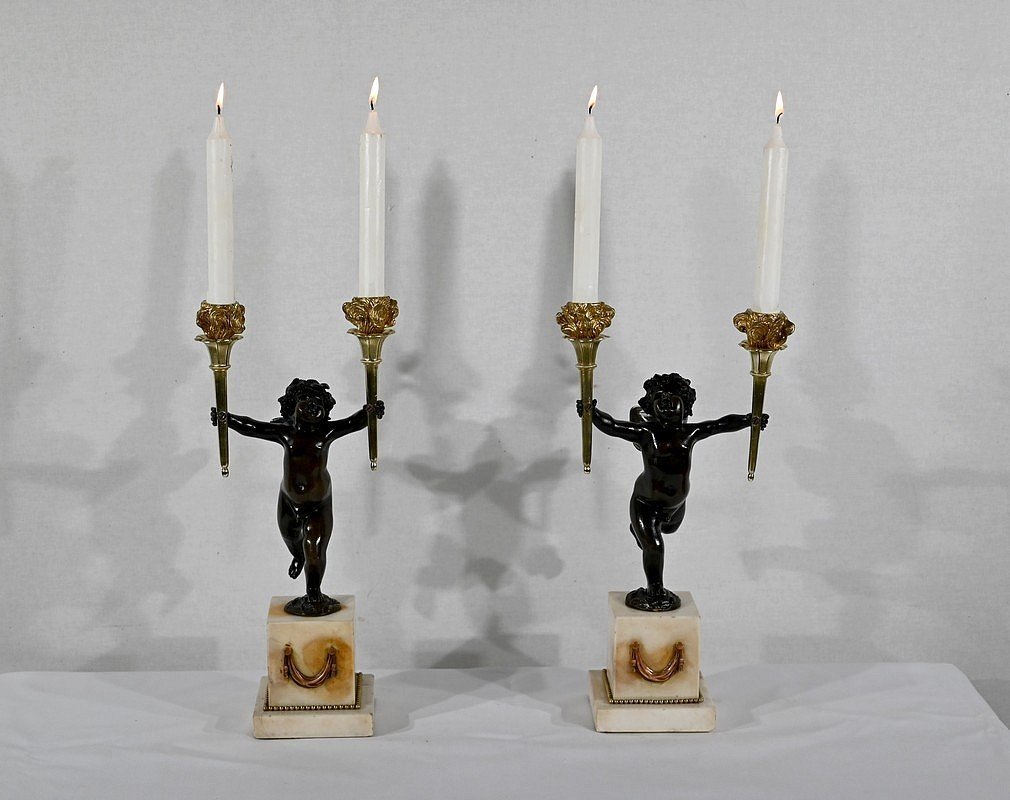 Pair Of Candlesticks In Bronze And Marble - 1st Part Of The Nineteenth