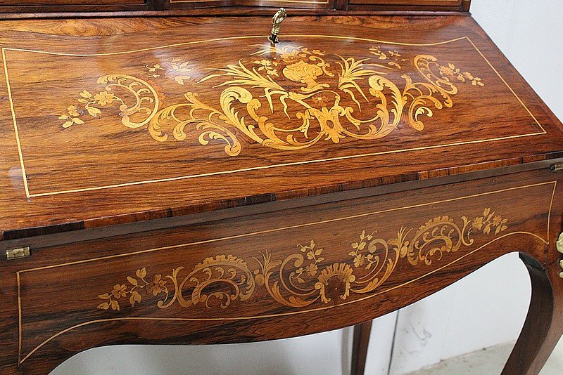 Small Secretaire Bonheur Du Jour, In Rio Rosewood Veneer, Napoleon III Period - Nineteenth-photo-2