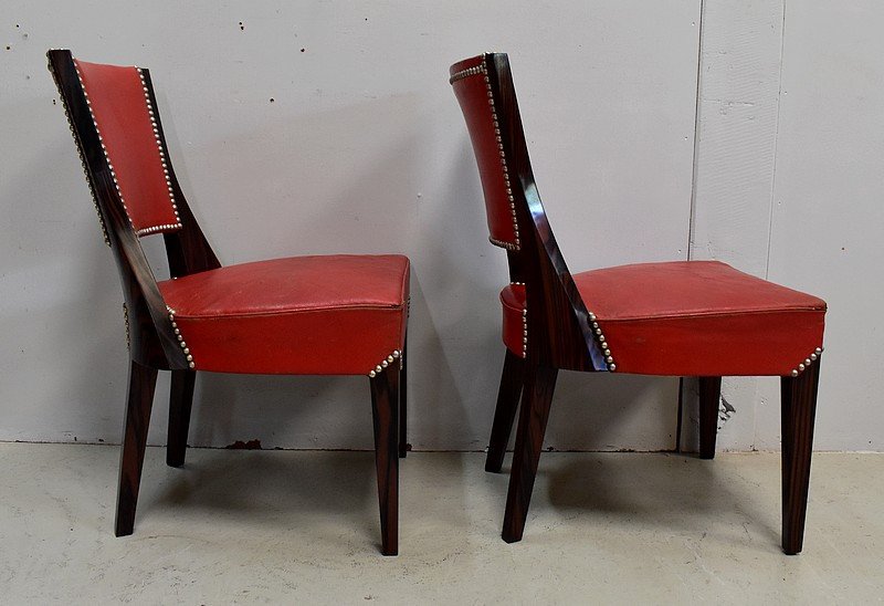 Pair Of Chairs In Macassar Ebony And Red Leather - 1930s-photo-4