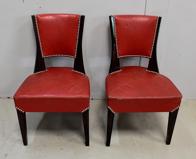 Pair Of Chairs In Macassar Ebony And Red Leather - 1930s