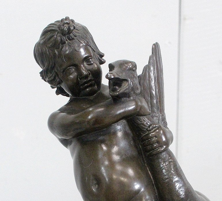 Bronze Of A Cherub Holding A Goose, By A. Collas - Nineteenth-photo-2