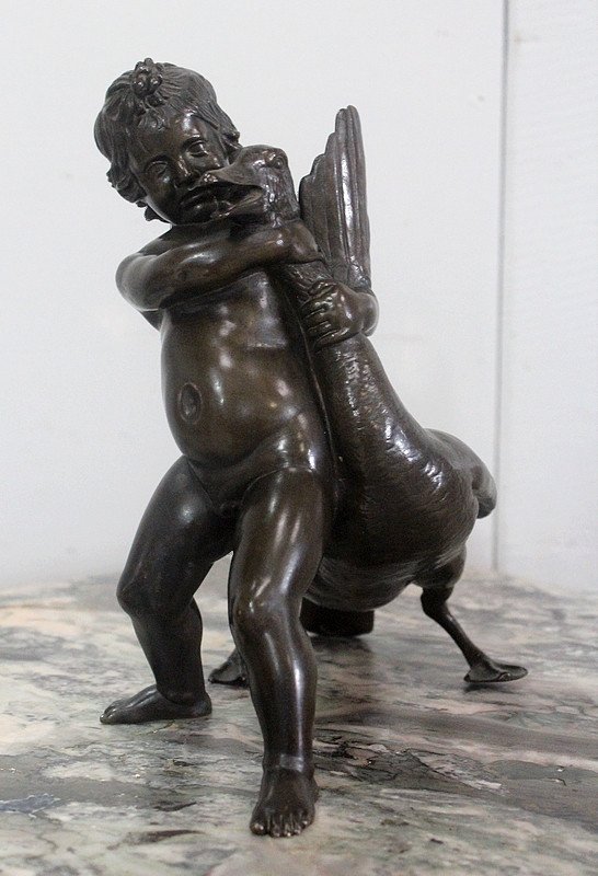 Bronze Of A Cherub Holding A Goose, By A. Collas - Nineteenth