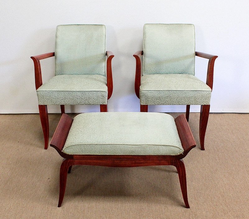 3 Piece Set, Pair Of Art Deco Bridge Armchairs And Stool - 1940s-photo-2