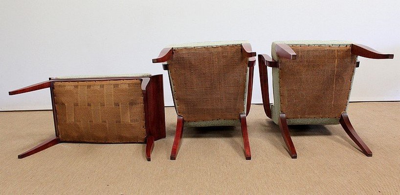 3 Piece Set, Pair Of Art Deco Bridge Armchairs And Stool - 1940s-photo-8