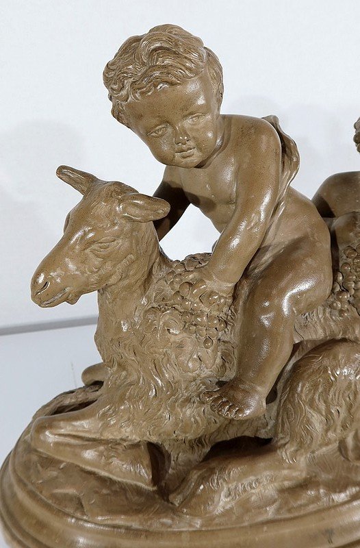 Sculpture En Terre Cuite Patinée, « Putti Jouant Sur Une Chèvre », D’après Boucher – 1900-photo-2