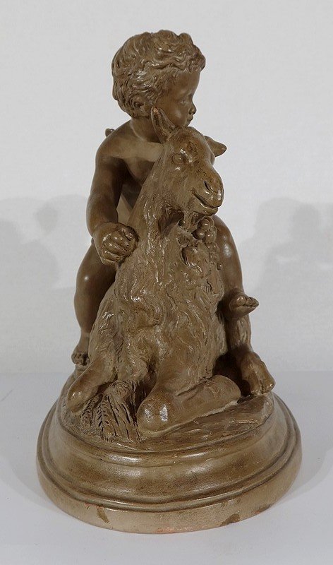 Sculpture En Terre Cuite Patinée, « Putti Jouant Sur Une Chèvre », D’après Boucher – 1900-photo-3