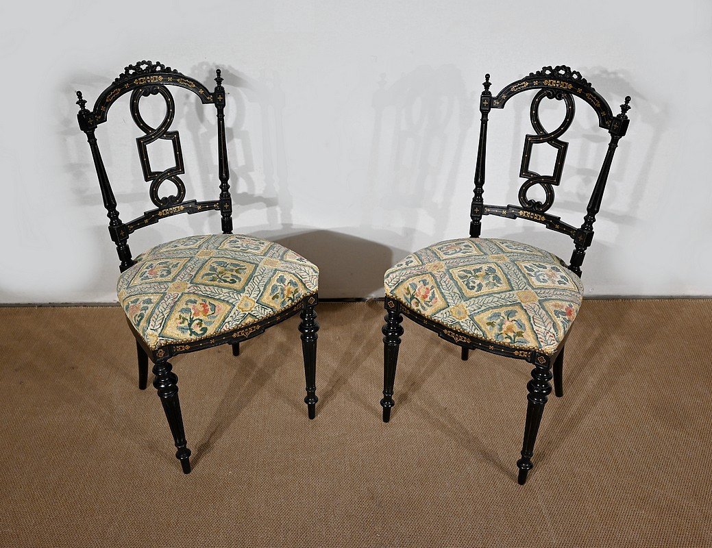 Pair Of Black Lacquered Chairs, Louis XVI Style, Napoleon III Period - Mid-19th Century