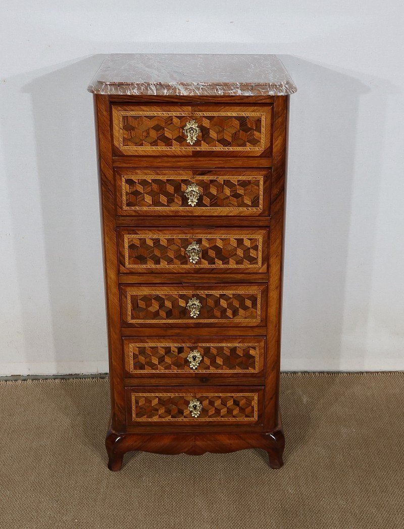 Small Chest Of Drawers In Precious Wood Marquetry, Napoleon III Period - Mid-19th Century