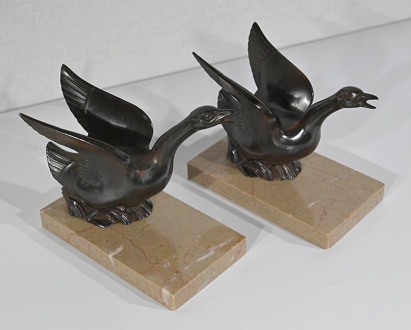 Pair Of Bookends, Swans In Patinated Metal On Marble - 1930/1940-photo-4